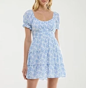 TRIXXI Mini Dress Size L  A-Line Floral Smocked Puff Sleeve Tiered Lined Fit - Picture 1 of 7