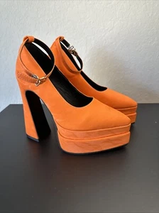 Orangefarbene Damen-Pumps Plateau spitz zulaufend klobige Absätze Schnalle Riemen - Bild 1 von 10