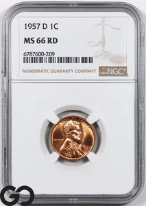 1957-D Lincoln Cent Wheat Red Penny, NGC MS-66 RD ** Very Nice! - Picture 1 of 3