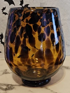 Schildpatt Muster mundgeblasene Kunst Glas Vase 7" hoch Fuß Bernstein Leopard - Bild 1 von 7