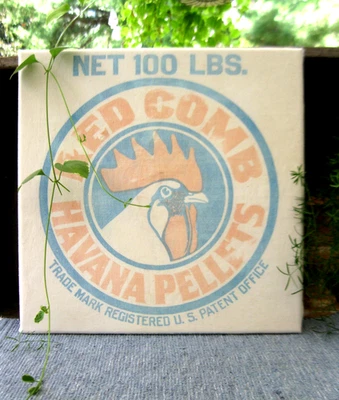 Antique Red Comb Chicken Feed Sack Mounted on Stretched Canvas Frame - Image 1 of 4