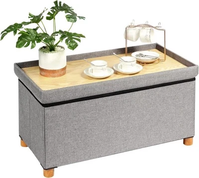 Ottoman With Storage Coffee Table Grey Footreststool Linen Toy Chest With Tray L - Image 1 of 2