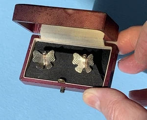 Vintage Ohrringe 9 kt massiv Gold 375 Schmetterling Vollpunze Diamantschliff (g) - Bild 1 von 10