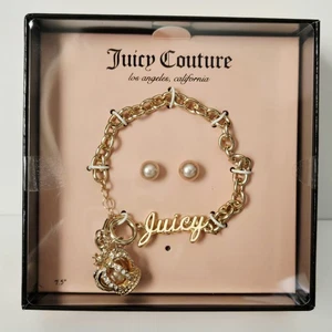 NEU JUICY COUTURE GOLD ARMBAND mit KRONE CHARM Strass & PERLE Ohrringe SET - Bild 1 von 2