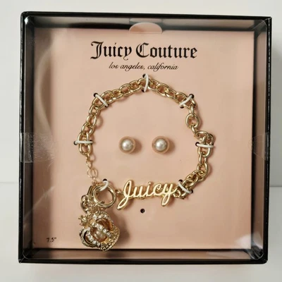 NUEVO CONJUNTO DE PENDIENTES DE DIAMANTES DE IMITACIÓN Y PERLAS JUICY COUTURE ORO PULSERA con encanto de corona Foto 1 de 2