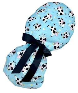 Ponytail scrub cap tossed cows on blue pattern with black satin ribbon tie backs - Picture 1 of 3