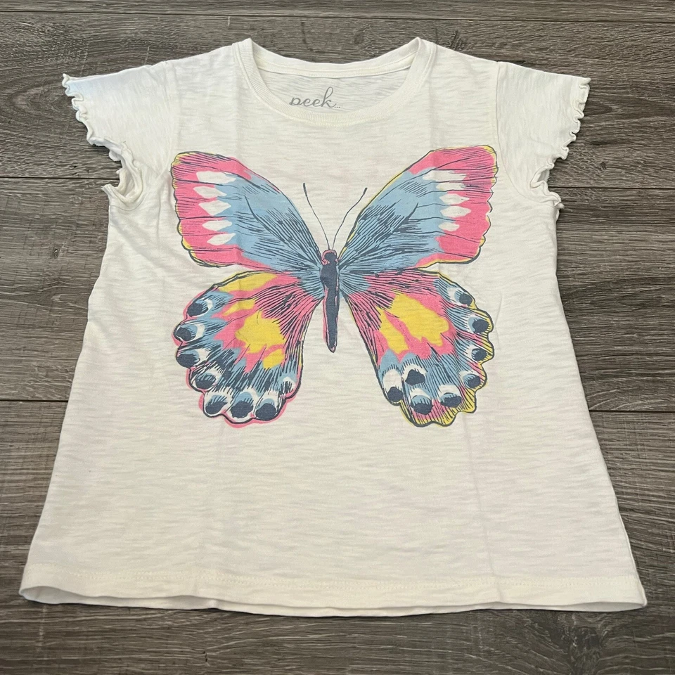 Camiseta Peek Niñas Talla 8 Algodón Blanco Suave Manga Corta Borde Lechuga Mariposa Foto 1 de 4
