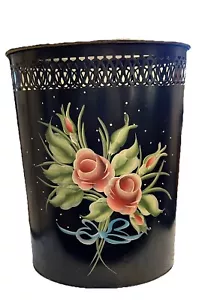 Bote de basura de metal MCM floral pintado a mano por toleware. - Imagen 1 de 8