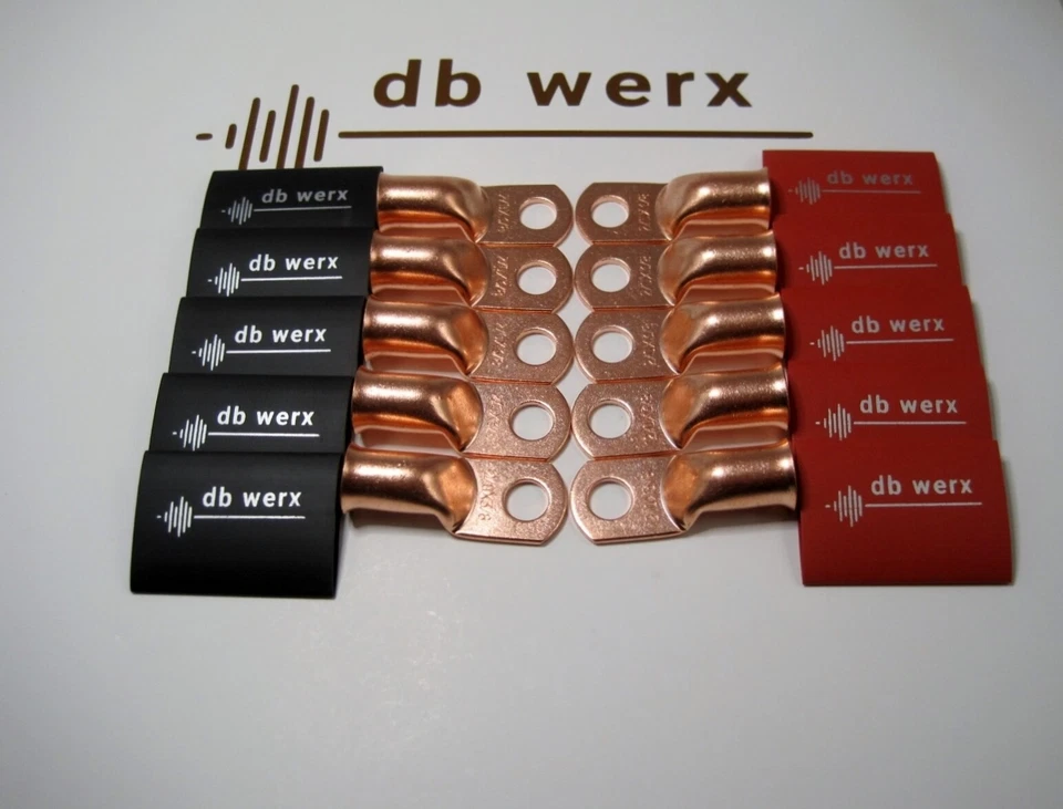 (10) 2/0(oversized 1/0 car audio wire) Copper Lugs w/ RED & BLACK Heat Shrink - Image 1 of 1