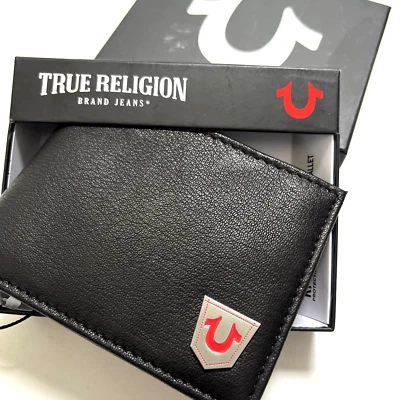TRUE RELIGION Cartera de Cuero Delgada Doble Plegable Negra Escudo RFID Logo Caja de Regalo Horner Foto 1 de 4