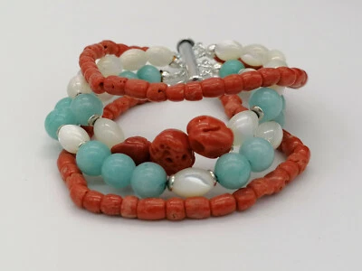 bracciale donna corallo rosso naturale argento 925 amazzonite MADE IN ITALY - Immagine 1 di 4