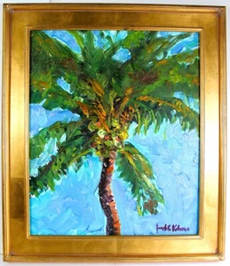 GORGEOUS OIL PAINTING ON CANVAS IMPASTO SIGNED COCONUT PALM TREE TROPICAL - Picture 1 of 11