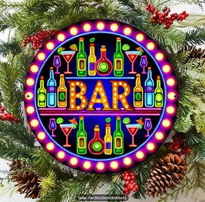 Plaque murale métal ronde  - 20cm (7,87") - Bar Néon Vintage - Foto 1 di 4