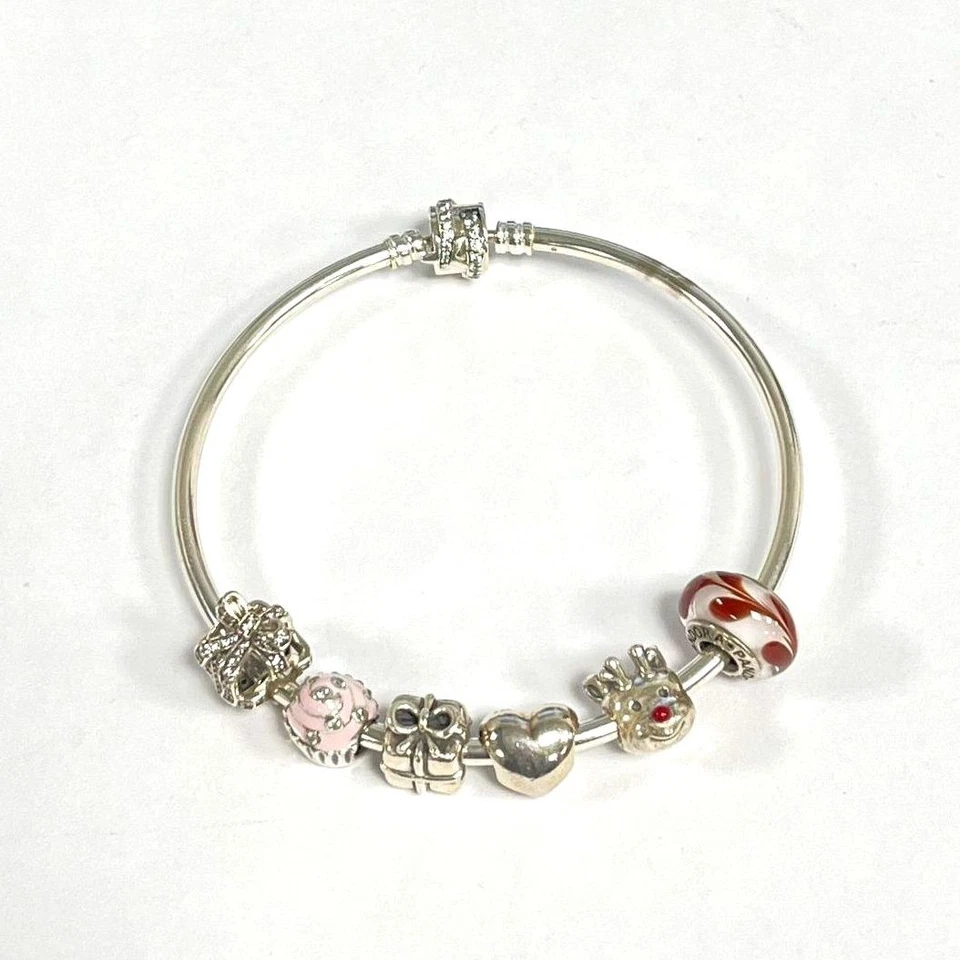 PANDORA 925 Silver Bracelet w/6 St. Silver PANDORA Charms - Bild 1 von 4