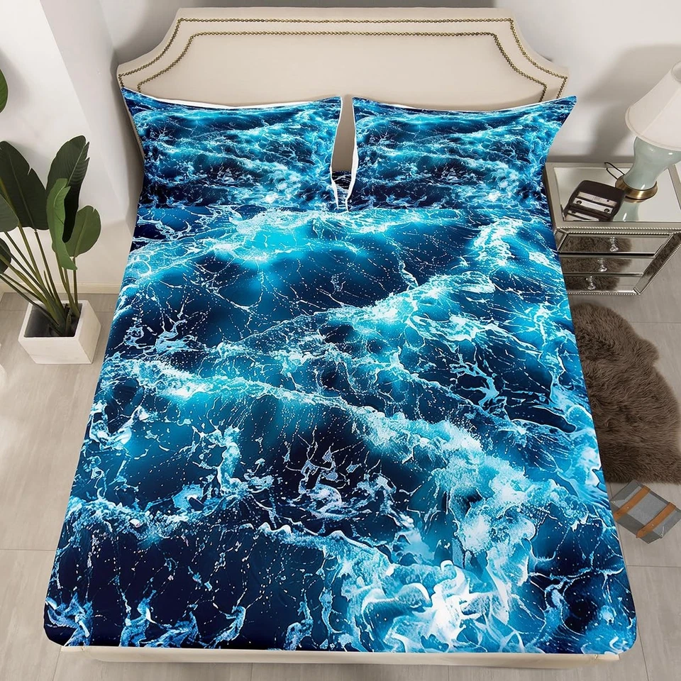 Juego de sábanas Blue Waves Ocean Sea sábanas ajustables tema de verano estampado juego de ropa de cama co... Foto 1 de 4