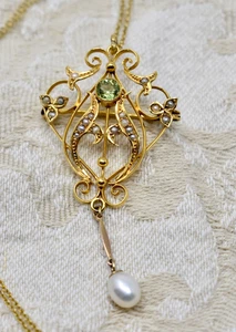 Antiker edwardianischer Jugendstil 9k Gelbgold Peridot & Perle Lavaliere Anhänger - Bild 1 von 9