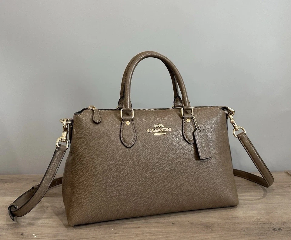 COACH CR156 Georgia Satchel Bag In Refined Pebble Leather Gold/Dark Stone