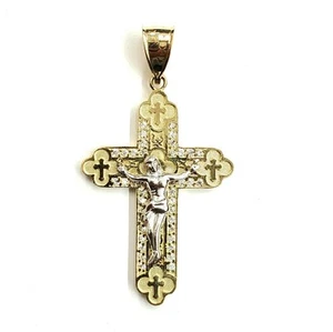 10k two tone gold cross Jesus pendant with cubic zirconia fine gift jewelry 7.3g - Picture 1 of 12