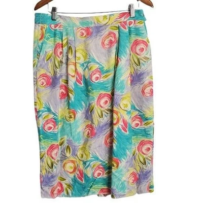 Falda de seda vintage para mujer talla 14 azul rosa midi coqueta coqueta años 80 glam rock Foto 1 de 4