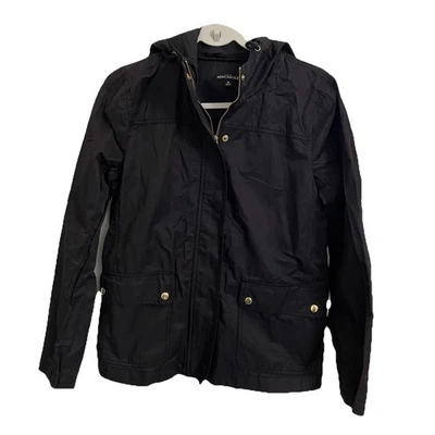 J. Chaqueta Crew resistente al agua para mujer mediana negra con capucha lluvia bolsillos con cremallera completa Foto 1 de 4