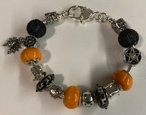 Halloween European Charm Bracelet Black Orange Ghost Spider Murano Glass - Picture 1 of 5