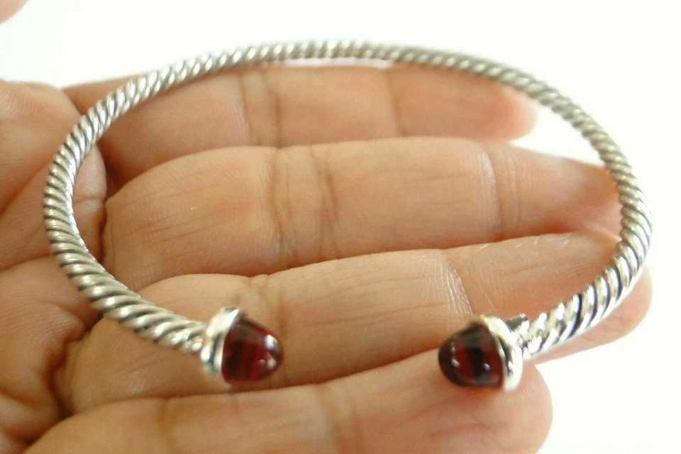 Red Garnet Ornate Balinese 925 Sterling Silver Cuff Bangle Bracelet - Image 1 of 4
