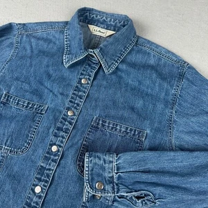 Vintage LL Bean Denim Shirt Womens 10 Blue Petite Snap Work Jean Chore 10P 90s - Picture 1 of 17