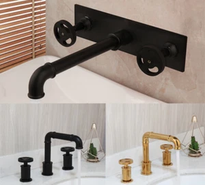 Grifo tradicional negro de doble mango amplio de baño de baño montado - Imagen 1 de 32