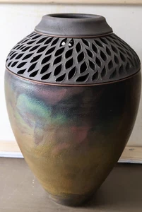 Raku Ware Japanese Mid-Century Porcelain and Metal Vase - Picture 1 of 4