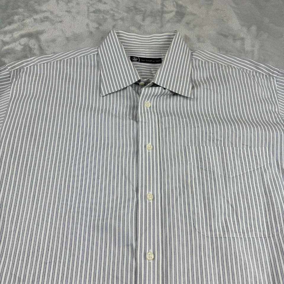 Camisa de vestir Hart Schaffner Marx para hombre 16,5 34 gris blanco a rayas bolsillo profesional HSM Foto 1 de 4