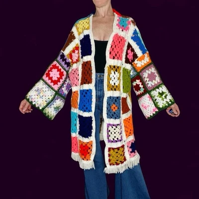 Vintage Handmade Colorful Granny Square Crochet Hippie Open Cardigan - Image 1 of 4