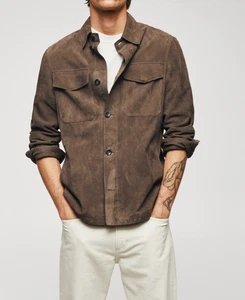 Mens Khaki suede leather Trucker jacket pure suede slim fit Shirt biker jacket L - Picture 1 of 5