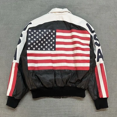 Chaqueta de bombardero de cuero vintage años 90 Michael Hoban bandera de Estados Unidos M Foto 1 de 4