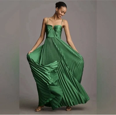 Vestido largo de satén verde trébol talla 2 ML Monique Lhuillier Helena para mujer nuevo con etiquetas Foto 1 de 4