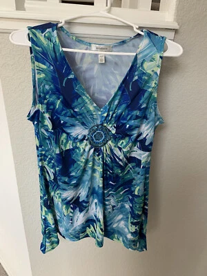 Dressbarn Womens Sleeveless Tunic Sz Petite Large Blue Teal Embellished Center - Image 1 of 4