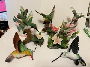 HUMMINGBIRD LOT - 7 PORCELAIN ASSORTED, WITH FLOWERS,, BELL, HANG ORNAMENTS - Picture 1 of 24