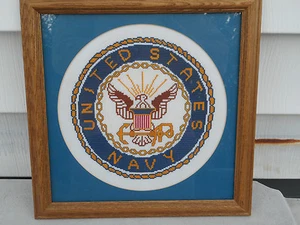 Vintage U.S. NAVY Seal Emblem 12x12 Glass & Wood Framed Handmade Cross Stitch - Picture 1 of 6