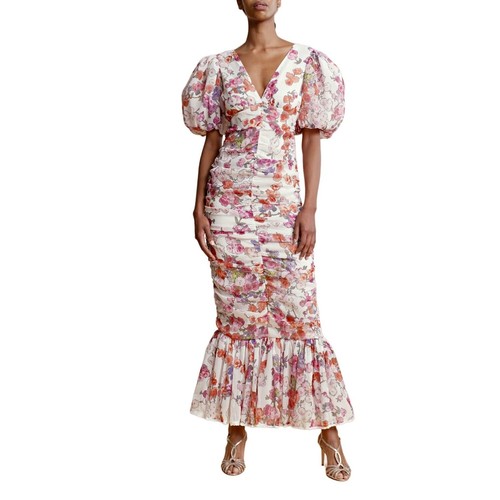 OFF WHITE Abito Rouching bianco papavero di TIMO chiffon taglia XS