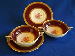 2 CROWN DUCAL 5211 ~ Cream Soups w/ Saucers ~ Maroon Gold Band Roses - Picture 1 of 5