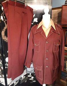 VTG 1970s 70s Leisure Suit Red Knit Polyester 48 - 50 Short  46.5W L27 Bell Btm