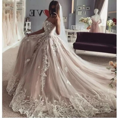 Retro Lace Wedding Dresses 3D Floral Strapless Blush Pink Plus Size Sweep Train - Image 1 of 4
