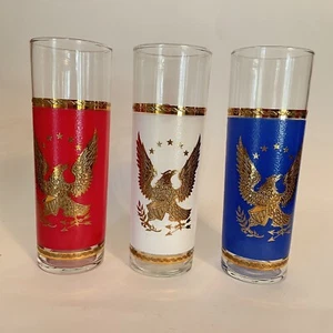 Set 3 Vtg Patriotic Bicentennial Gold Eagle Red White Blue Tom Collins Glasses - Picture 1 of 8
