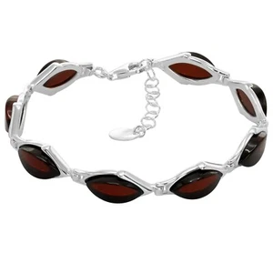 925 Sterling Silver Dark Red Baltic Amber Marquise Adjustable Bracelet 8 Inches - Picture 1 of 7