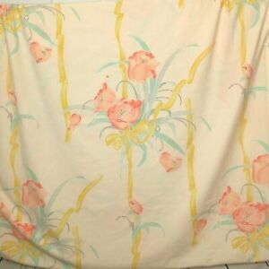 Vintage Flat Bed Sheet Peach Pink Salmon Floral Flowers Ribbon Polka Dot Fabric