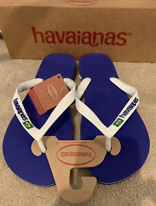 Mens Havaianas Brazil Logo Blue Flip Flops Size 9/10 9 10 43/44 Brasil New