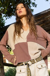 POL Women's Color Block Split Neck Long Sleeve Top in Beige - Picture 1 of 8