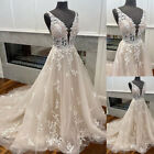Light Champagne Wedding Dresses Lace Appliques Sweep Train V-Neck Bridal Gown