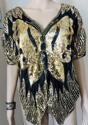 Blusa Vintage MARIPOSA Lentejuelas 100% SEDA Retro Bohemia Disco Fiesta Talla S M L Foto 1 de 4