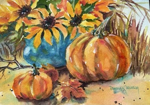 5.7”x8” Pamela Wilhelm Original Autumn Watercolor pumpkins sunflowers Leaves - Picture 1 of 4