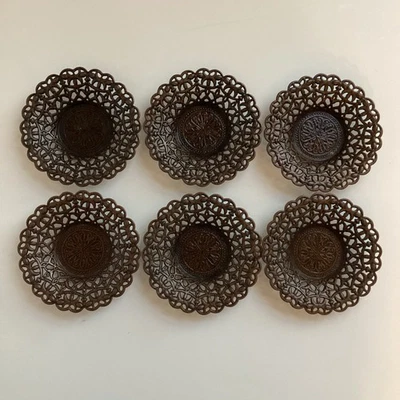 Ottoman Turkish Coffee Saucers Set Of 6 Antique Bronze Dish Coasters 4” Filigree - Image 1 of 4
